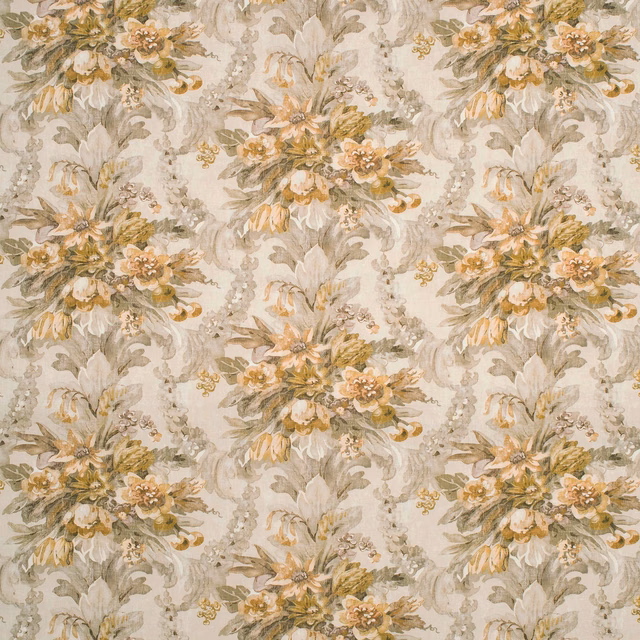Cream ground with muted olive, ochre and peach botanical bouquets in a large repeat