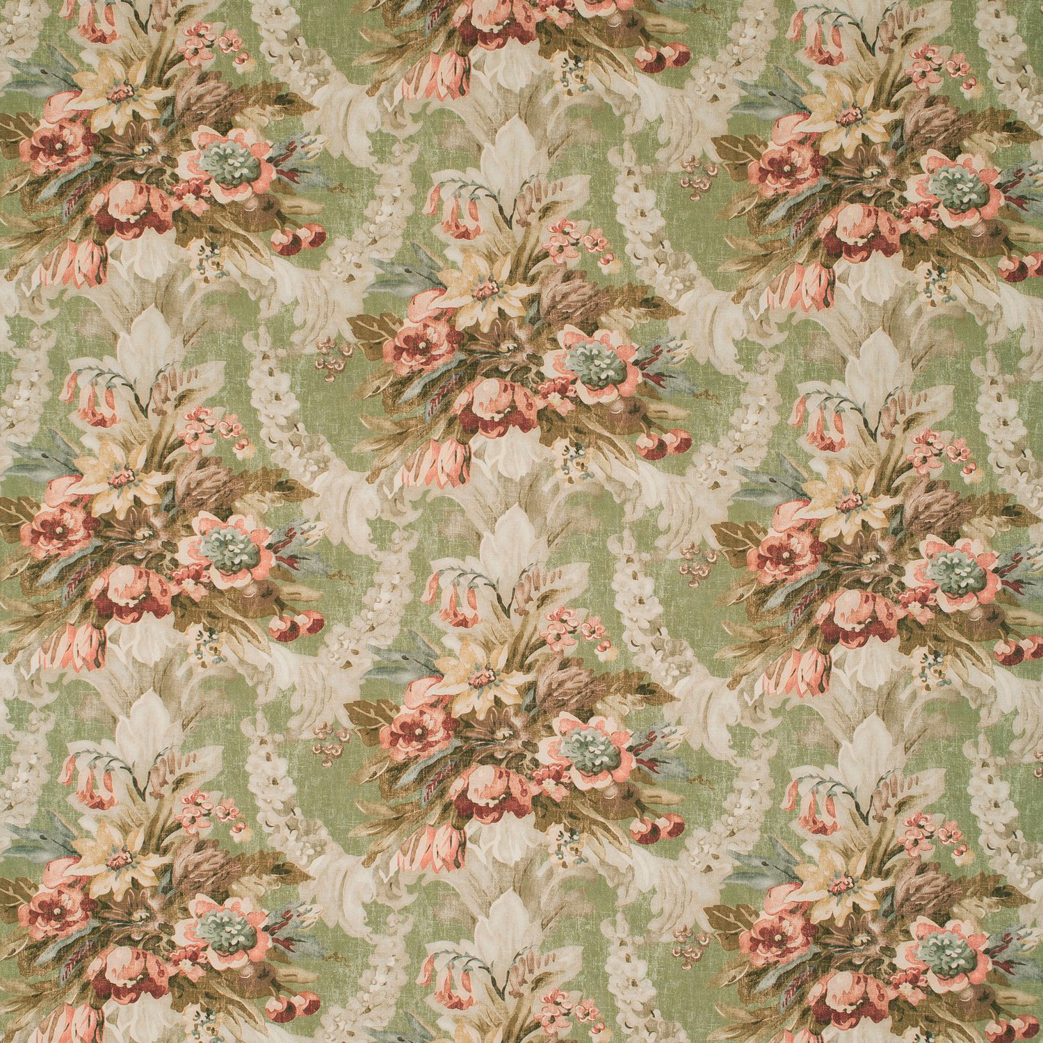 Muted sage floral fabric with blush bouquets, cream sprays and blue-green foliage