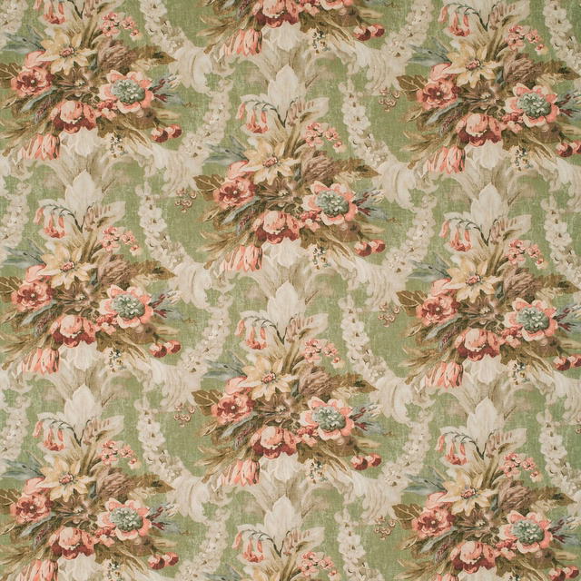 Muted sage floral fabric with blush bouquets, cream sprays and blue-green foliage
