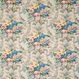 Pale sage floral fabric with blue, coral and yellow bouquet clusters