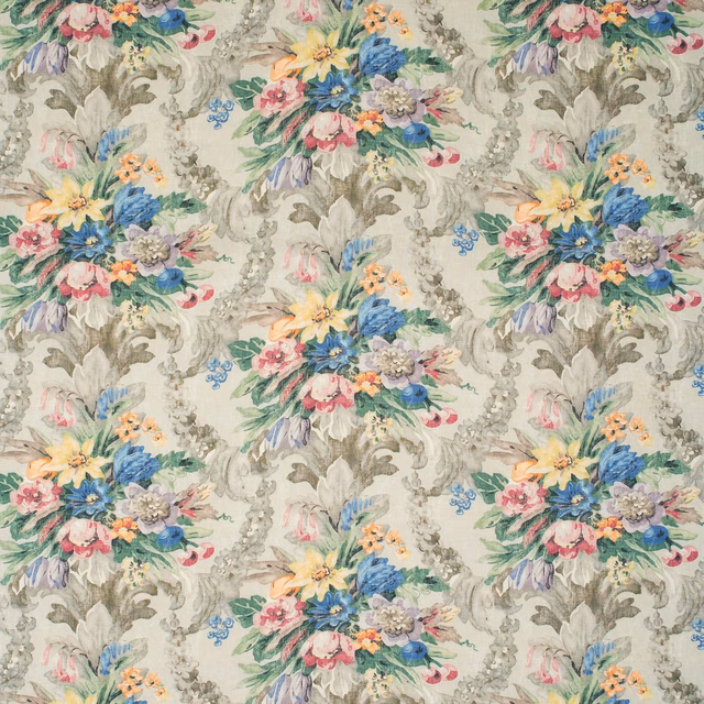 Pale sage floral fabric with blue, coral and yellow bouquet clusters