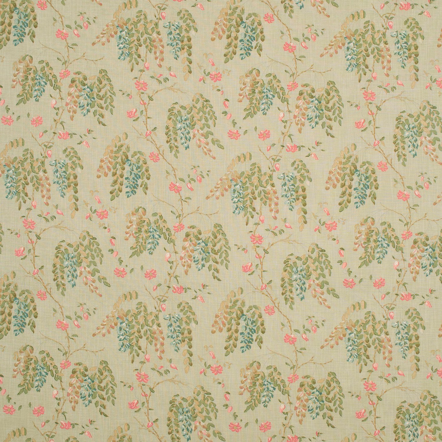 Pale sage botanical fabric with cascading olive leaves, teal foliage and coral flowers