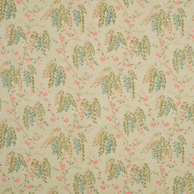 Pale sage botanical fabric with cascading olive leaves, teal foliage and coral flowers