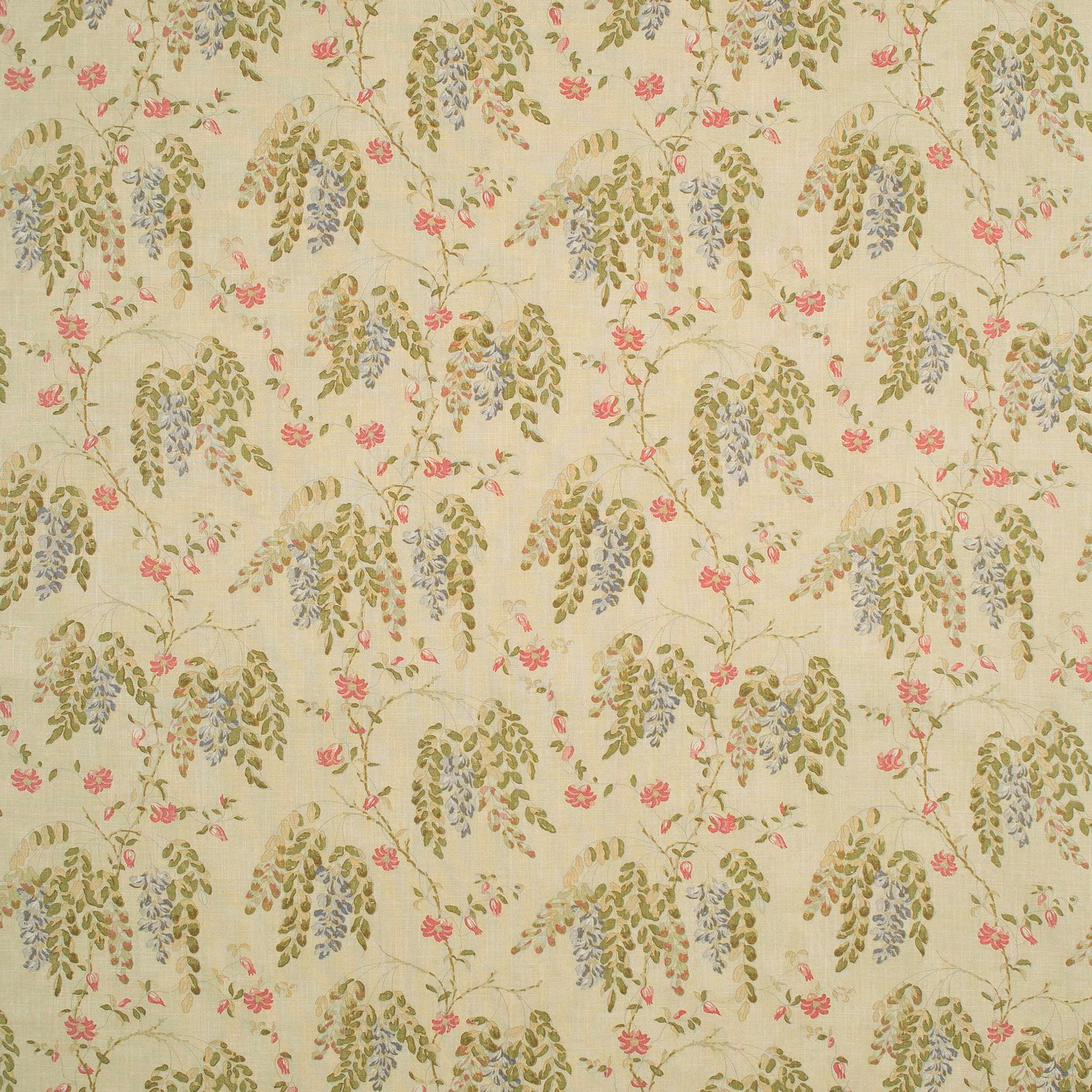 Pale cream fabric with olive foliage, blue-grey leaves and coral botanical flowers