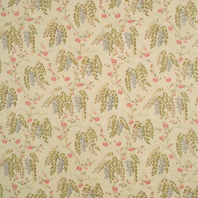 Pale cream fabric with olive foliage, blue-grey leaves and coral botanical flowers