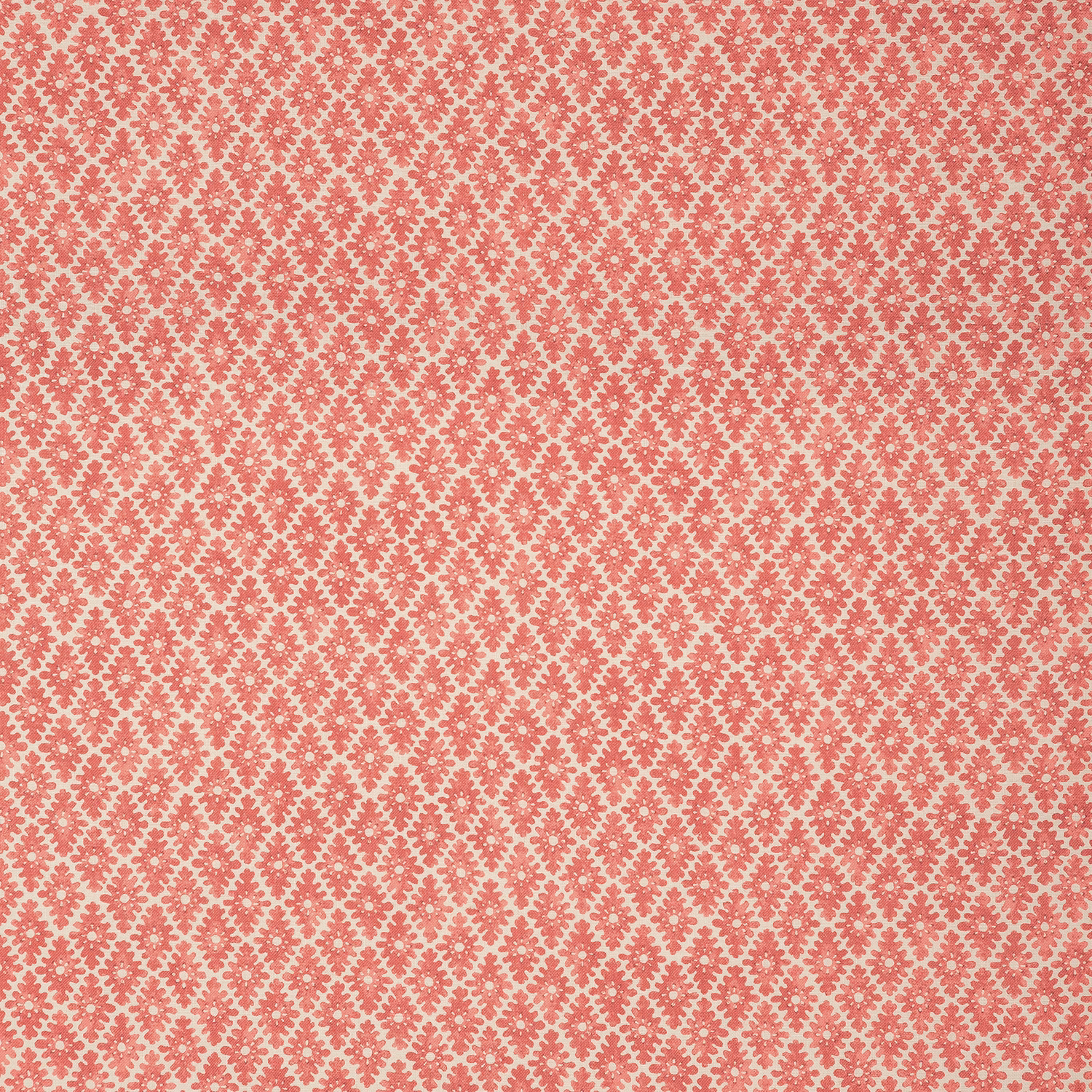 Muted carnelian red linen with tiny ivory trellis and rosette motifs