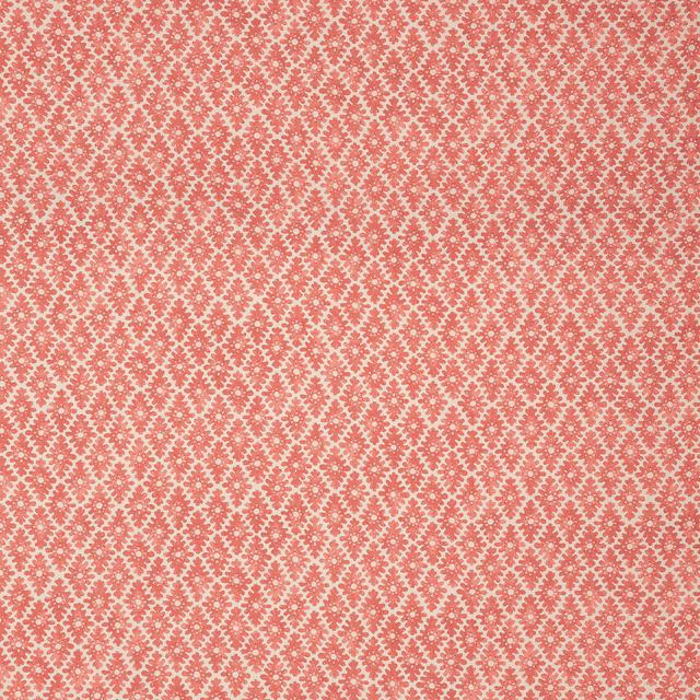 Muted carnelian red linen with tiny ivory trellis and rosette motifs