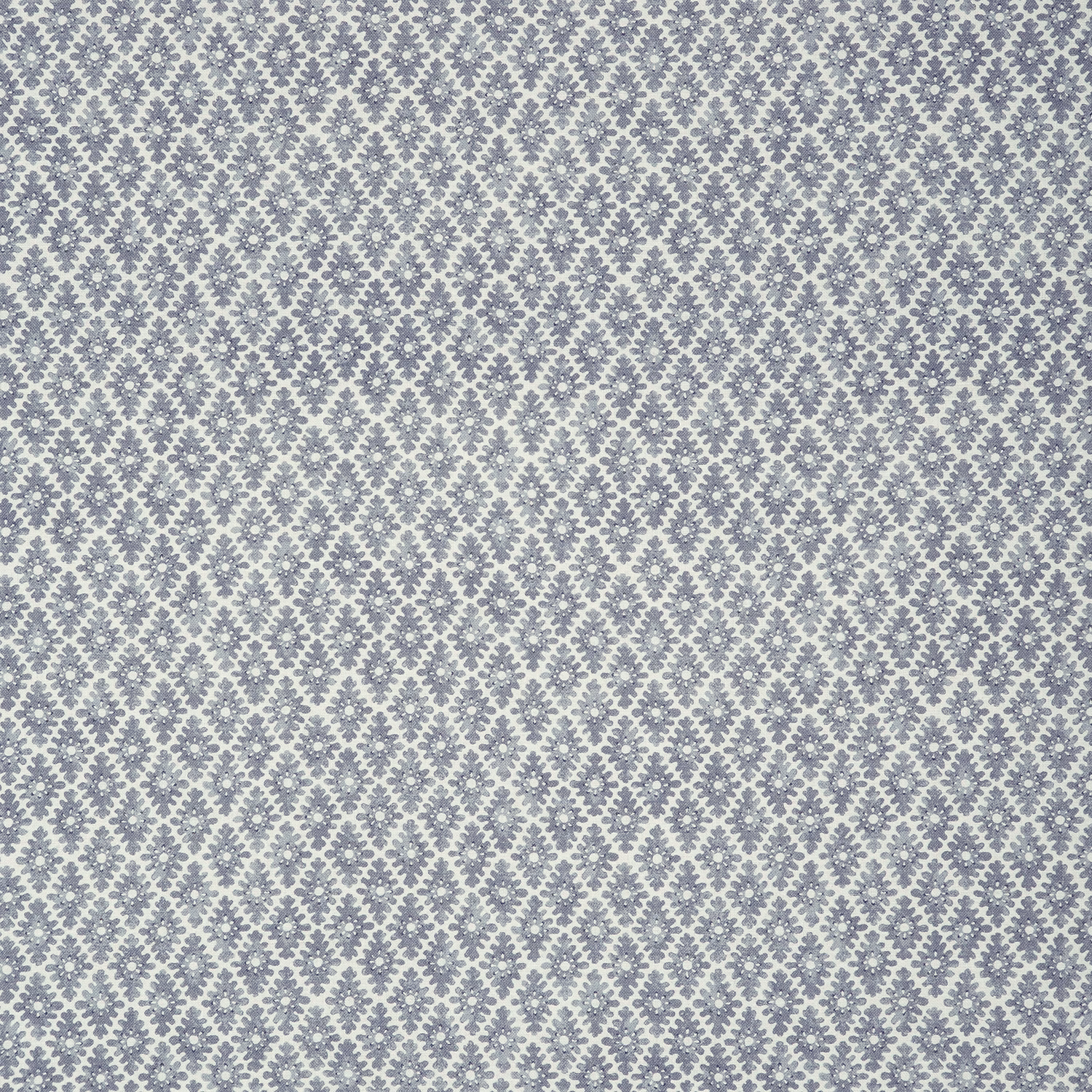 Pale blue-grey linen with tiny denim-blue trellis and floral motifs