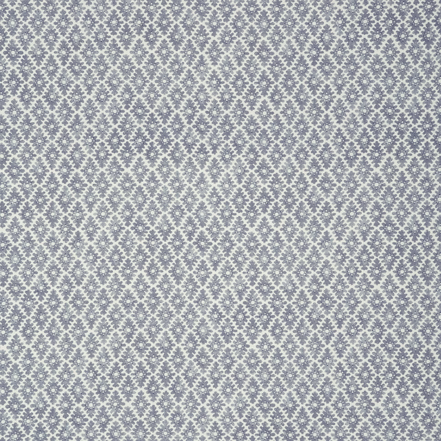 Pale blue-grey linen with tiny denim-blue trellis and floral motifs
