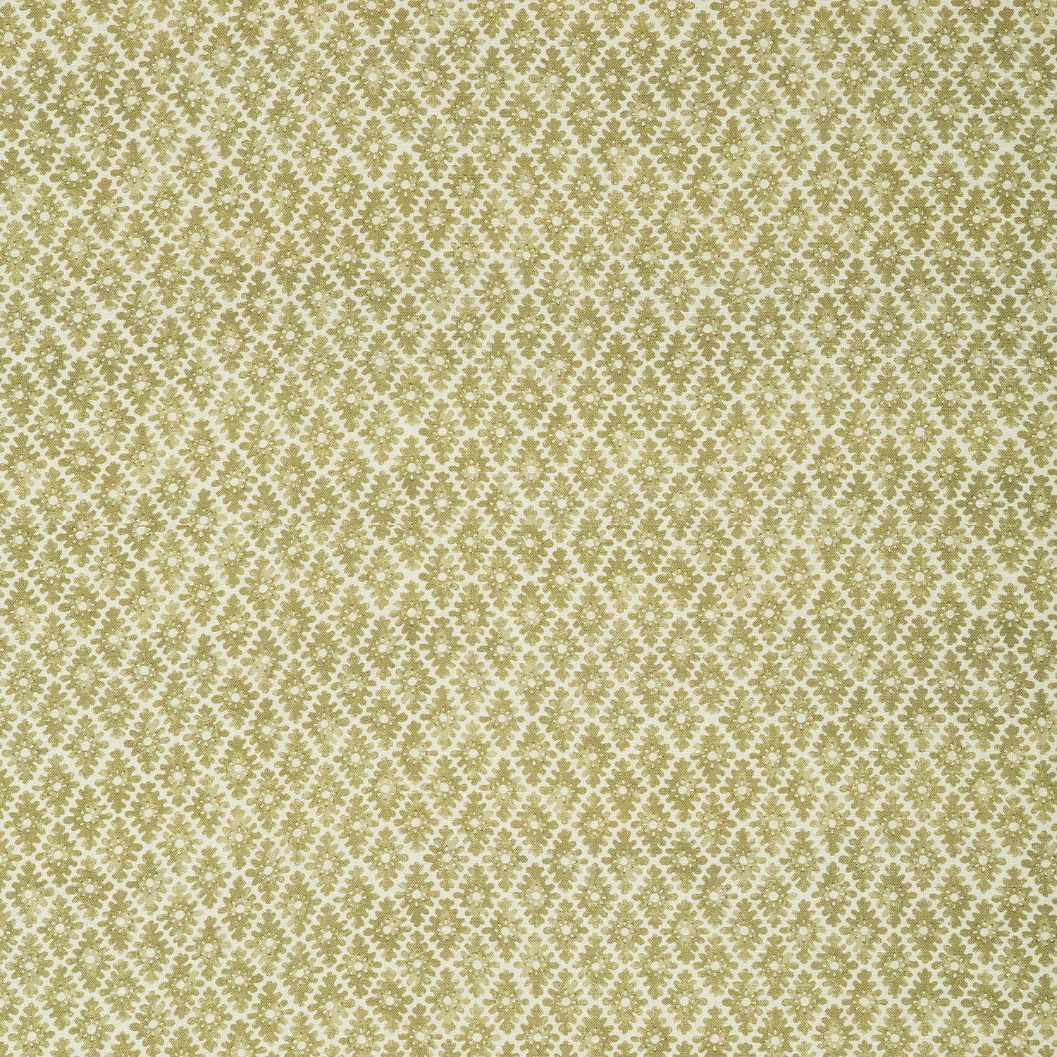 Muted apple-green and ivory textile with a small repeating floral lattice motif