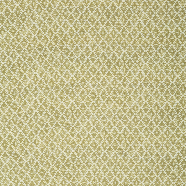Muted apple-green and ivory textile with a small repeating floral lattice motif