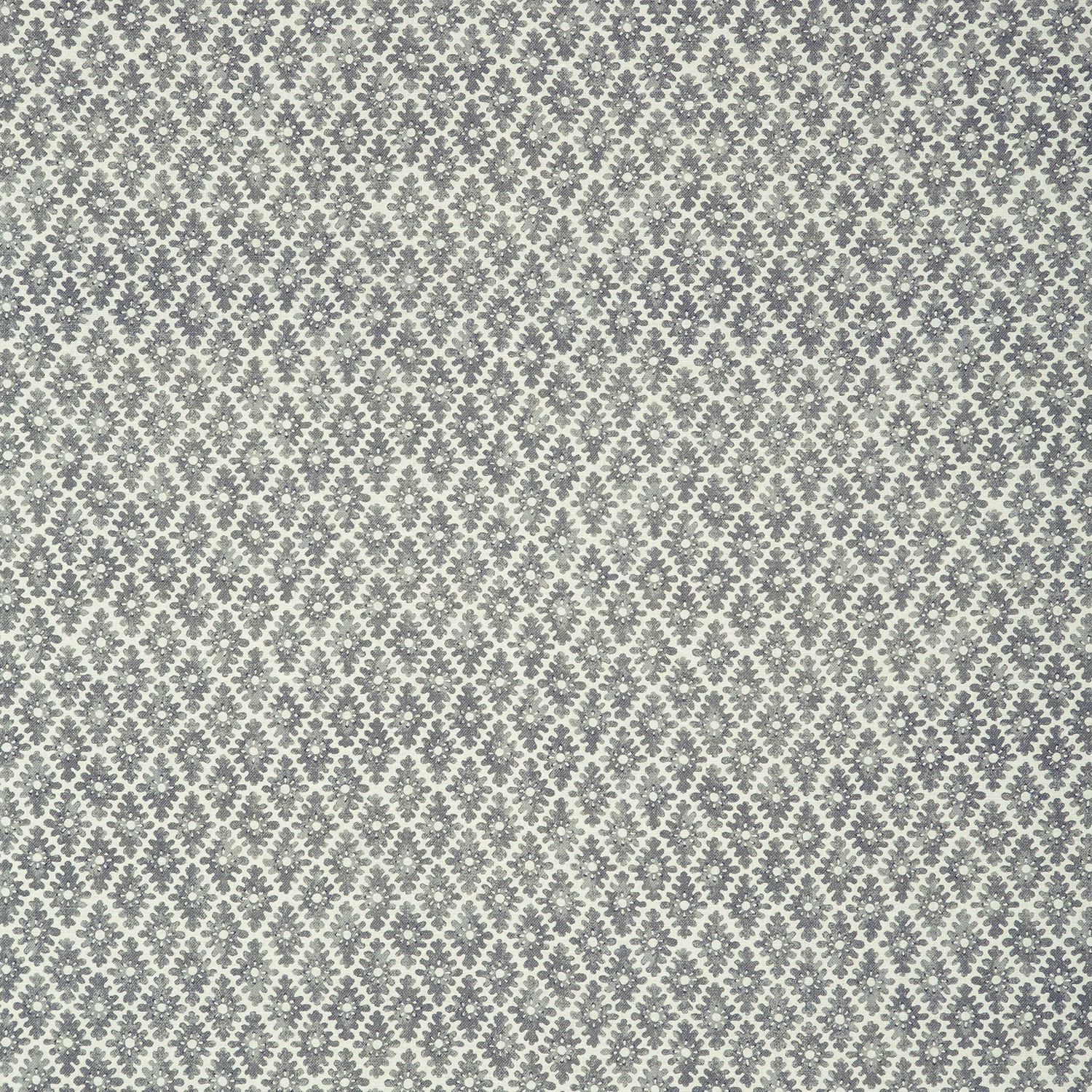 Pale ash-grey fabric with a dense charcoal floral and diamond repeat