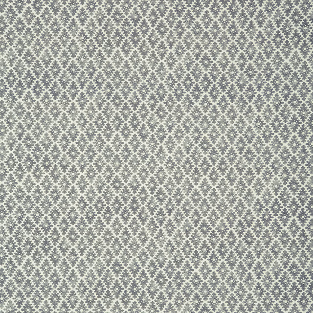 Pale ash-grey fabric with a dense charcoal floral and diamond repeat