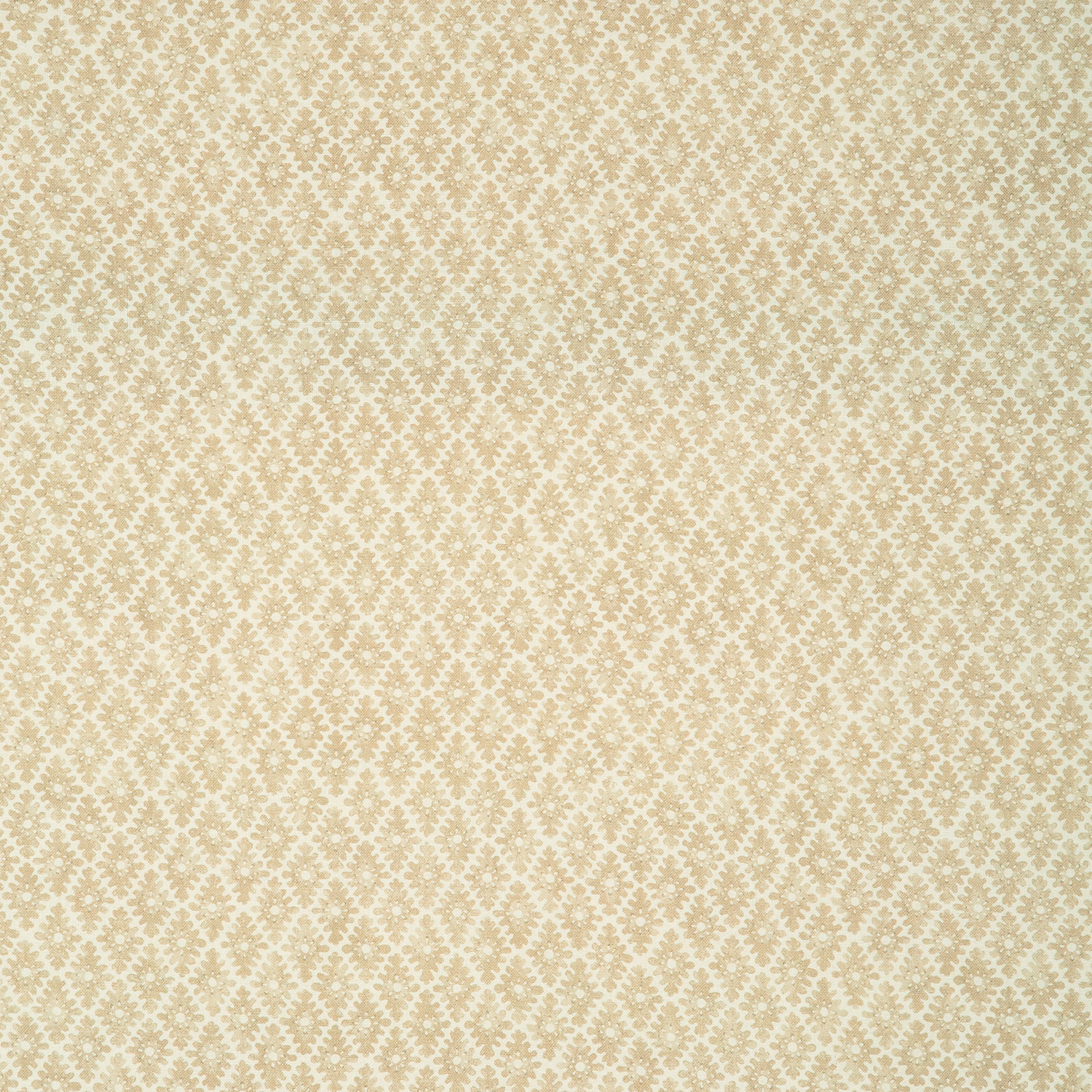 Warm champagne fabric with a small repeating taupe floral-geometric motif