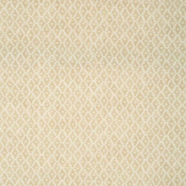 Warm champagne fabric with a small repeating taupe floral-geometric motif