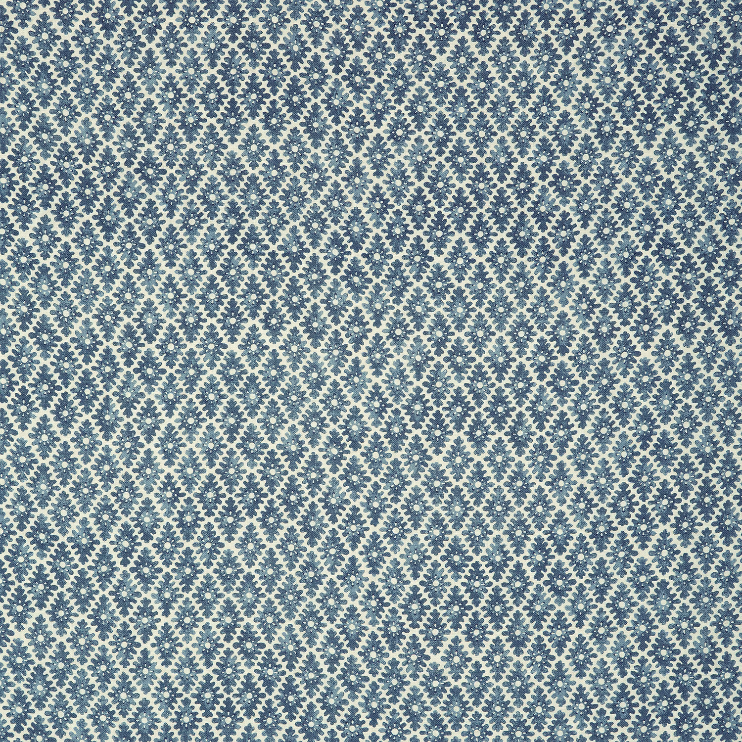 Muted harbour-blue and ivory fabric with a dense small geometric ornamental motif