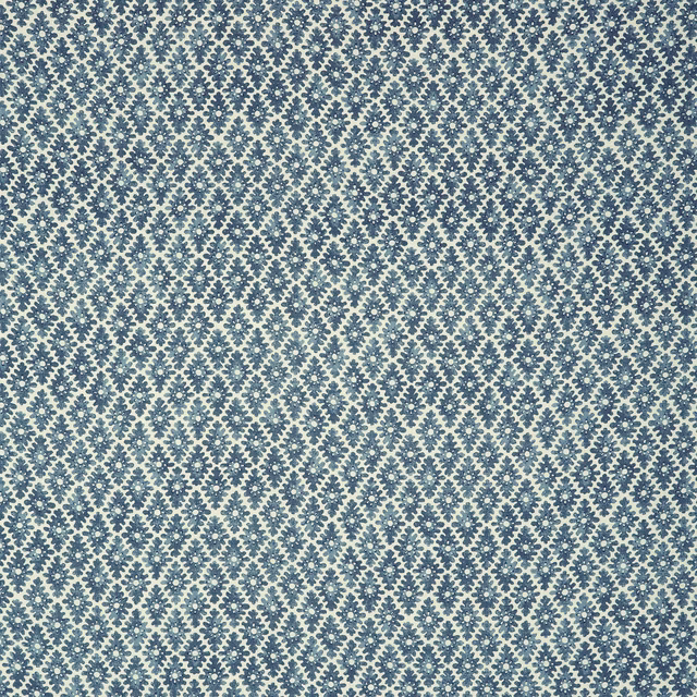 Muted harbour-blue and ivory fabric with a dense small geometric ornamental motif