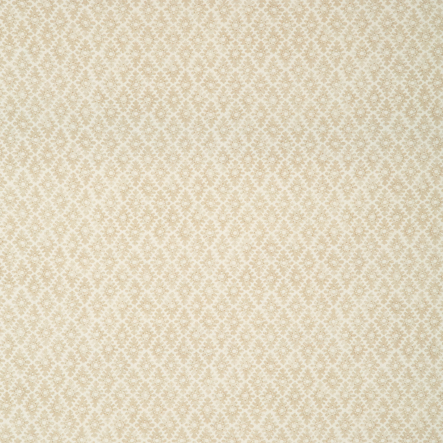 Warm oatmeal fabric with a small cream and taupe repeating ornamental motif