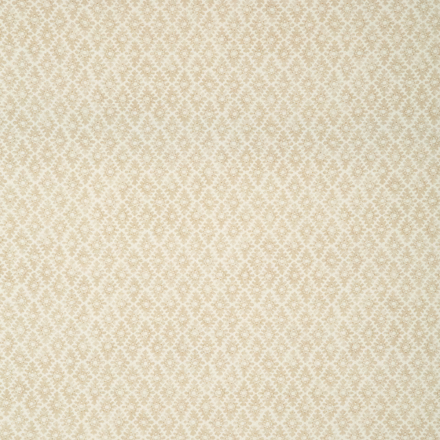 Warm oatmeal fabric with a small cream and taupe repeating ornamental motif