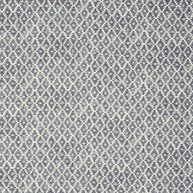 Cool steel-blue sprigs in a dense diamond repeat on a pale aqua-grey ground