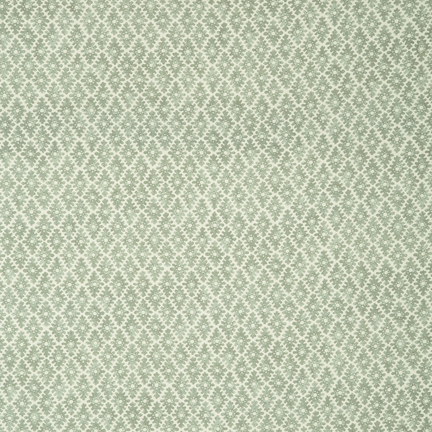 Pale aqua-sage linen with a dense small floral trellis and softly textured weave