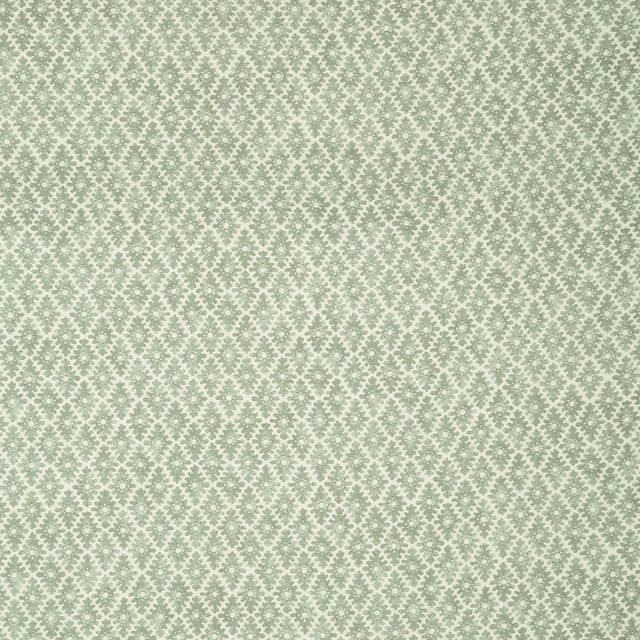 Pale aqua-sage linen with a dense small floral trellis and softly textured weave