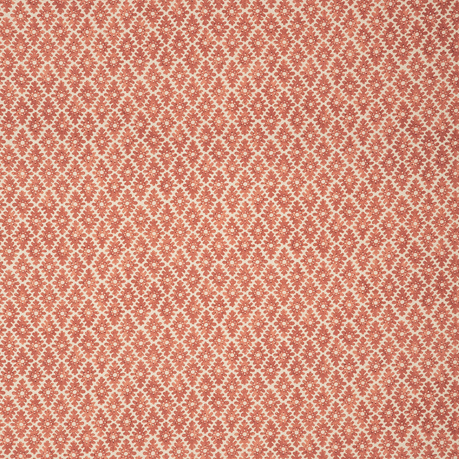 Warm russet red geometric trellis linen with a fine oatmeal ground and textured weave