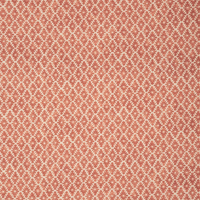Warm russet red geometric trellis linen with a fine oatmeal ground and textured weave