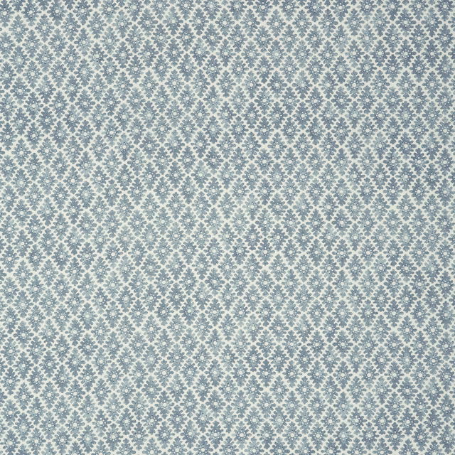 Muted teal and blue trellis diamonds on a softly flecked linen ground