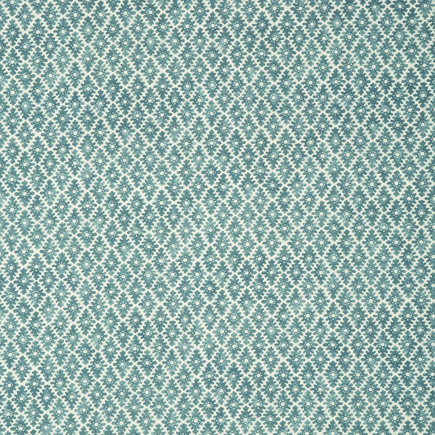 Muted aqua trellis and dotted motif on a textured cream linen ground