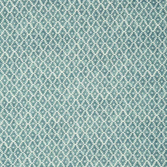 Muted aqua trellis and dotted motif on a textured cream linen ground