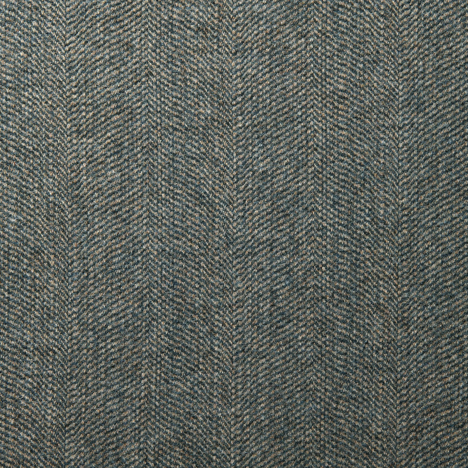 Close view of cool denim-blue wool with fine lilac-grey herringbone texture