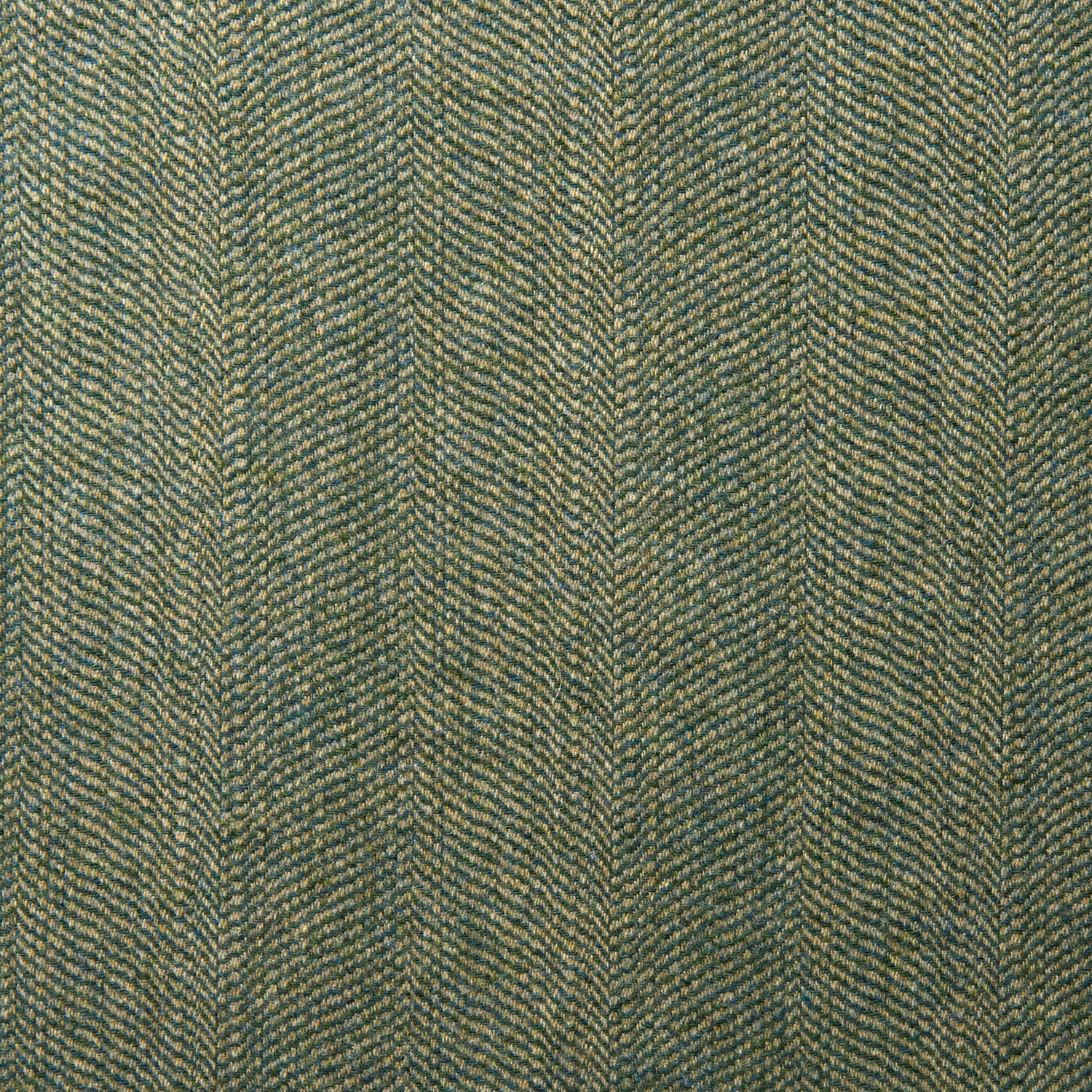 Muted aqua-green and olive herringbone wool weave with fine flecked texture