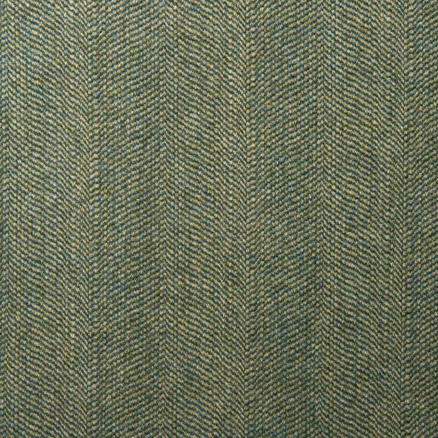Muted aqua-green and olive herringbone wool weave with fine flecked texture