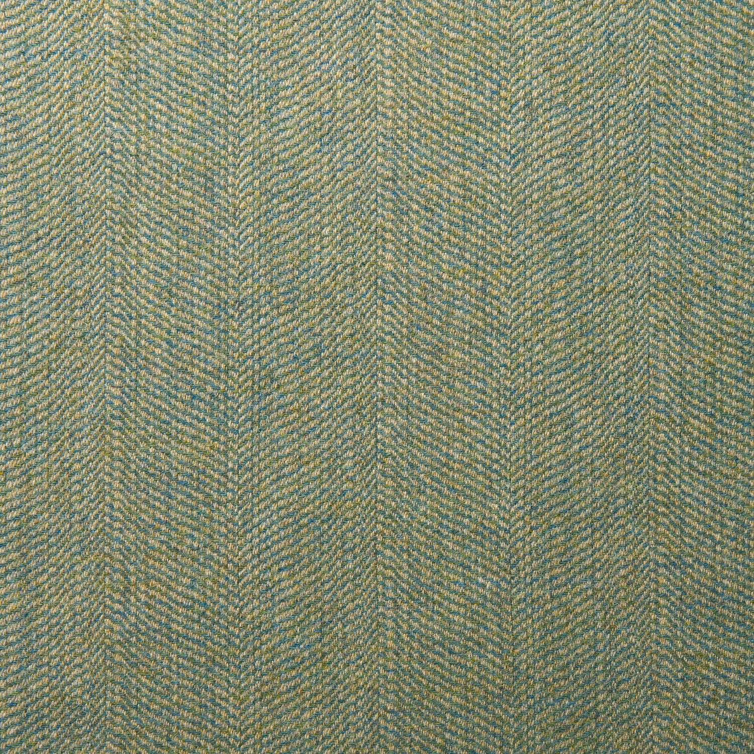 Close-up of muted aqua-green and straw wool in a fine herringbone weave