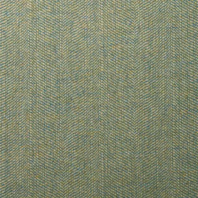 Close-up of muted aqua-green and straw wool in a fine herringbone weave