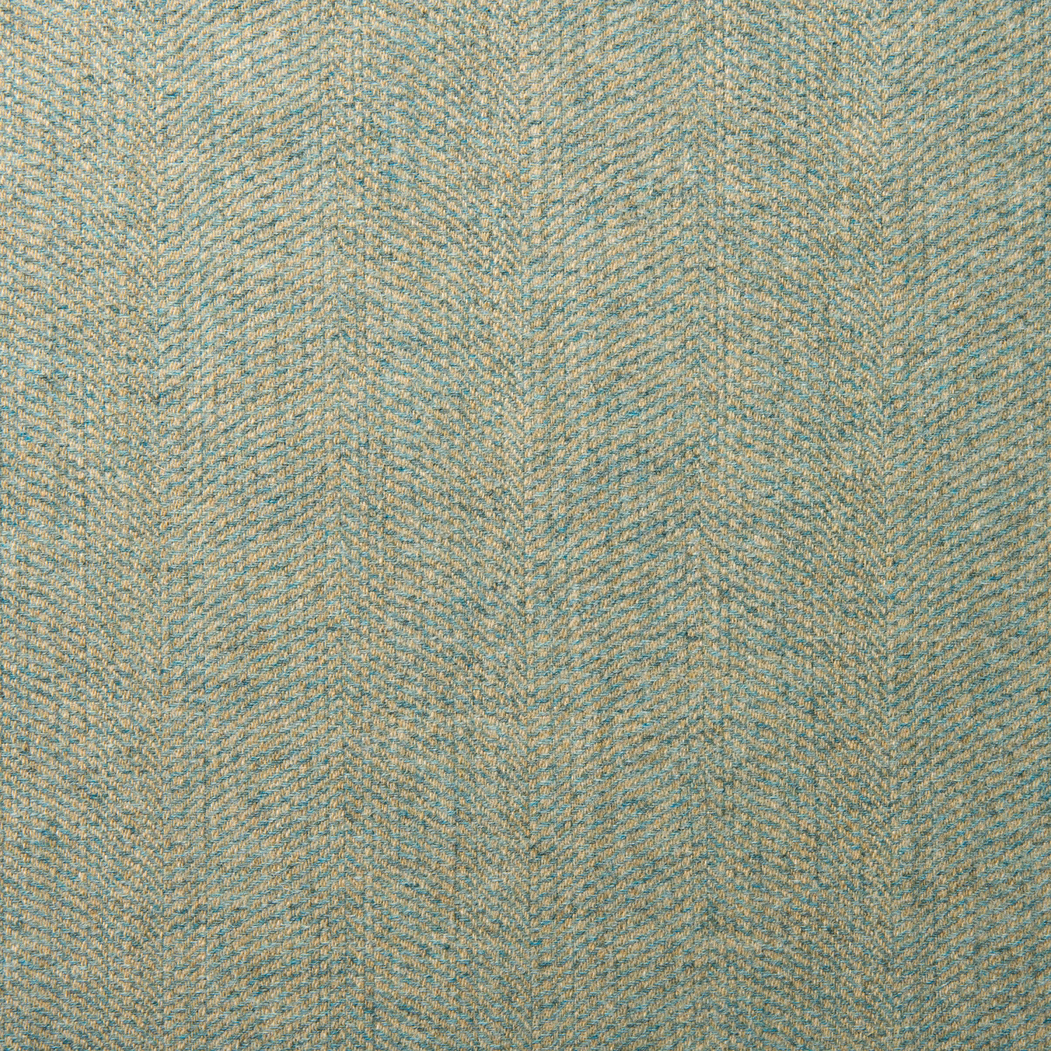 Close-up of muted aqua-teal wool herringbone weave with sandy beige flecks
