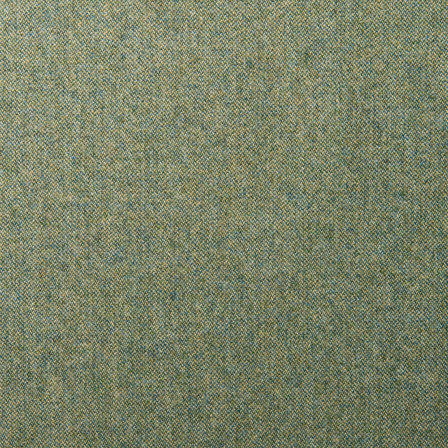 Close-up of muted aqua-green wool with fine herringbone texture and olive flecks