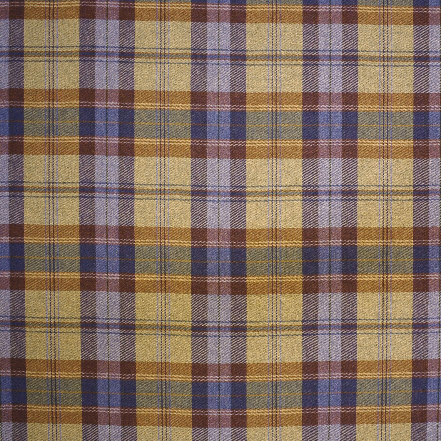 Muted olive, mustard, navy and lilac wool plaid with fine overcheck lines