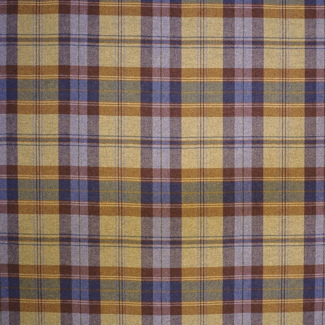 Muted olive, mustard, navy and lilac wool plaid with fine overcheck lines