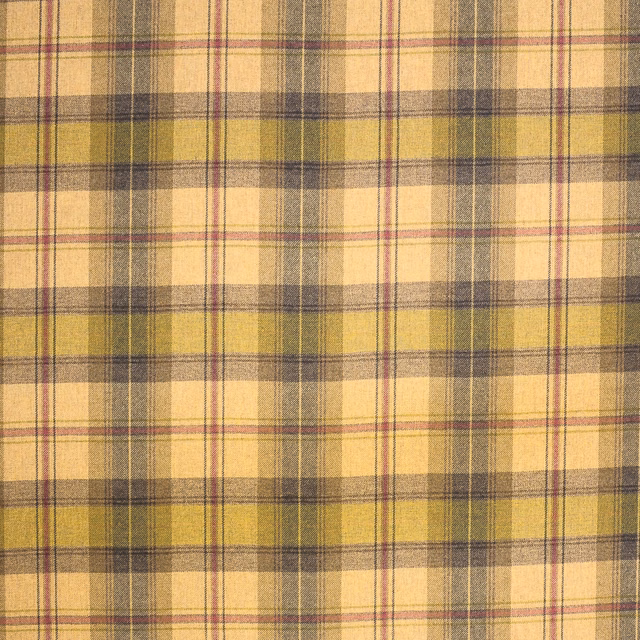 Muted olive and ochre wool plaid with fine burgundy pinstripes