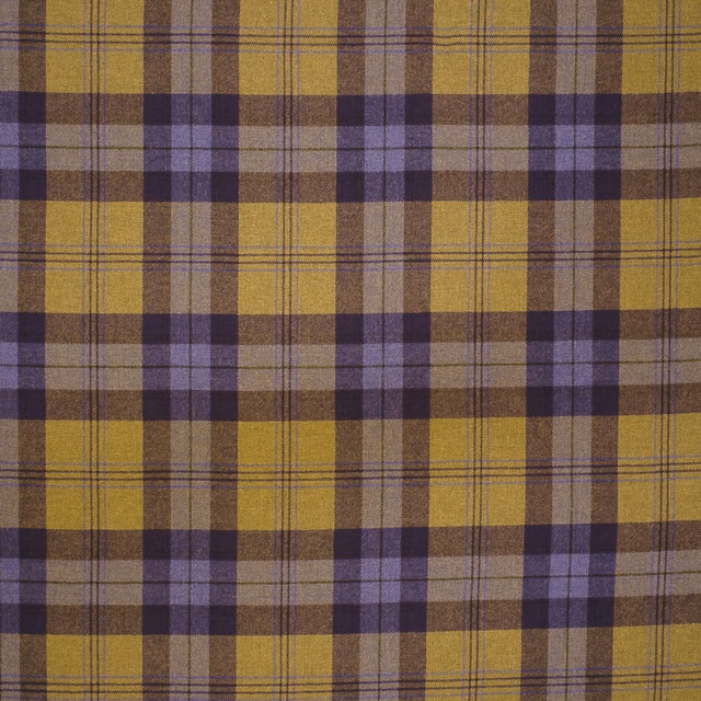 Ochre, lilac-purple and taupe woven plaid with fine intersecting lines