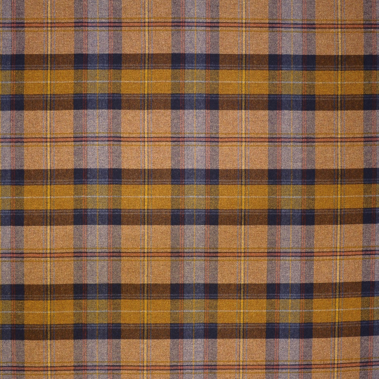 Ochre wool plaid with navy, taupe and muted purple woven checks