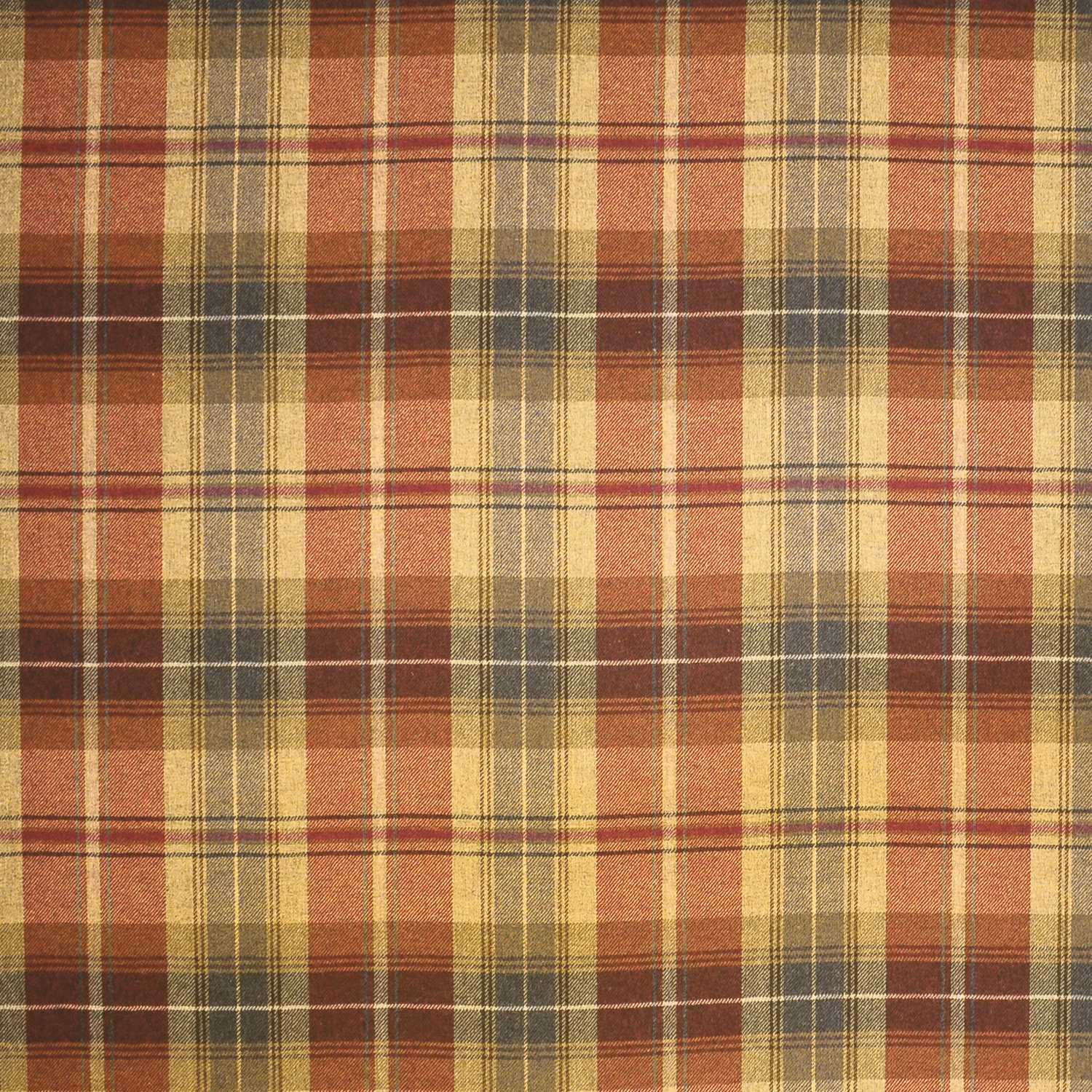Rust, olive and cream woven wool plaid with charcoal and burgundy check lines