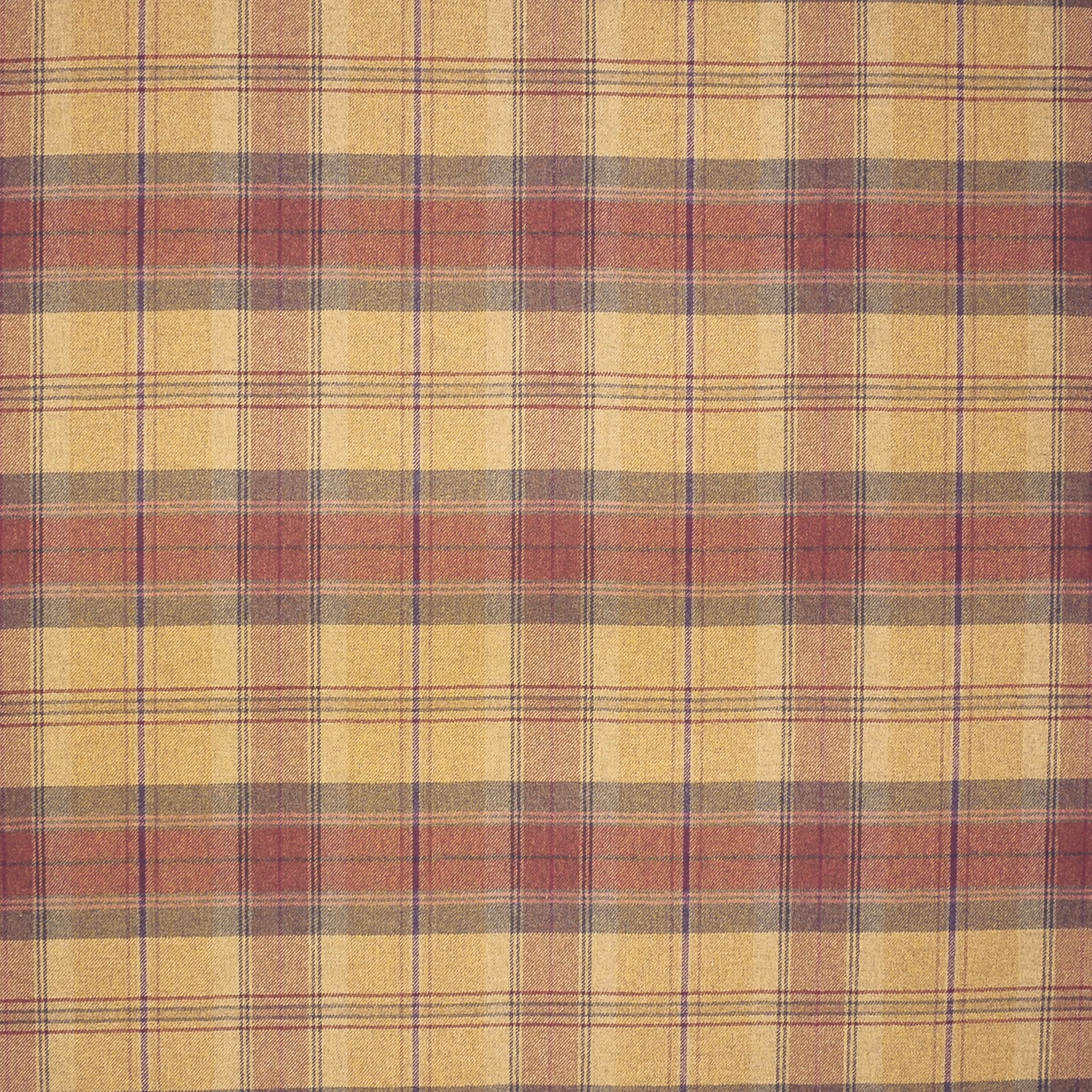 Ochre, russet, olive and plum plaid with fine purple lines in textured wool