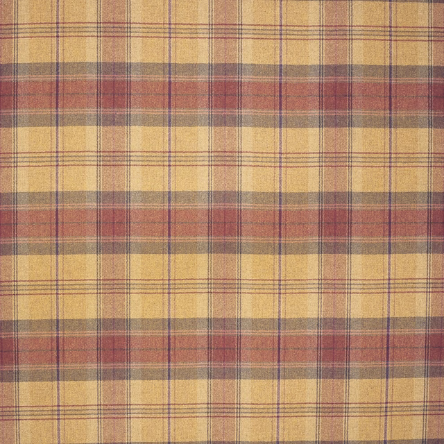 Ochre, russet, olive and plum plaid with fine purple lines in textured wool