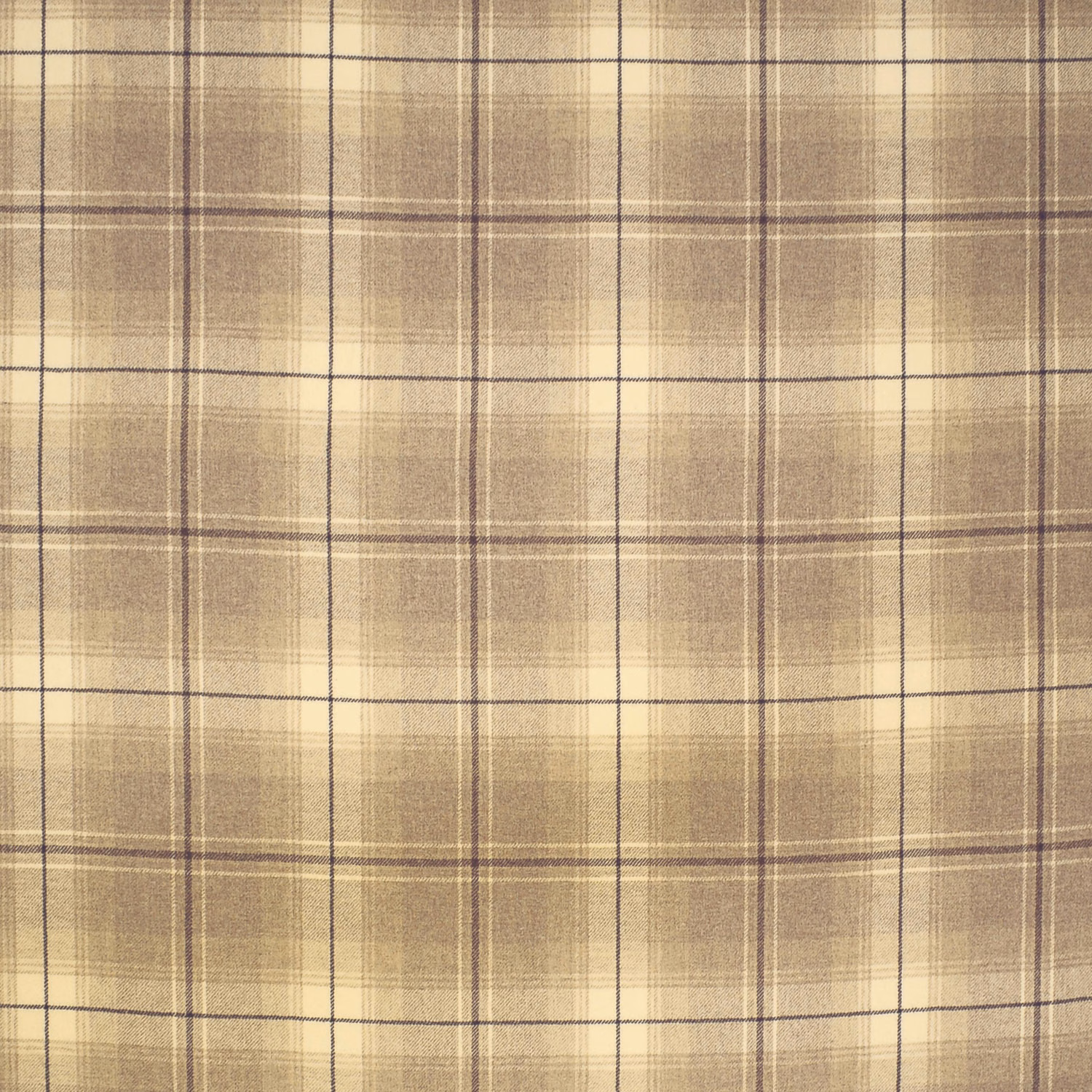 Warm oatmeal-taupe wool plaid with fine charcoal and cream windowpane lines