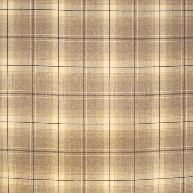 Warm oatmeal-taupe wool plaid with fine charcoal and cream windowpane lines