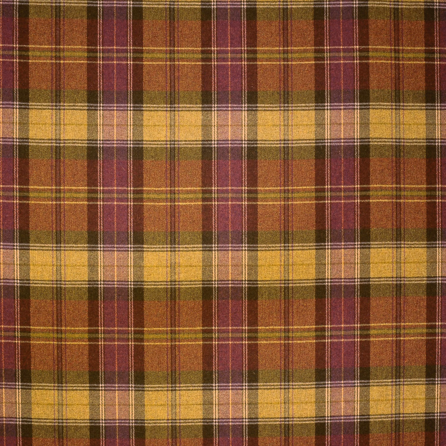 Warm russet, plum and mustard wool plaid with fine overcheck lines