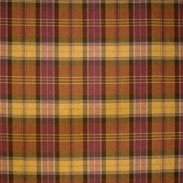 Warm russet, plum and mustard wool plaid with fine overcheck lines